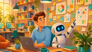 Cartoon illustration of a young professional and a friendly robot collaborating in a colorful office, surrounded by charts, sticky notes, and plants.