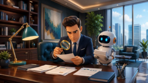 3D illustration of a businessman examining a document with a magnifying glass while a small robot assistant holds a stack of papers in a modern executive office.