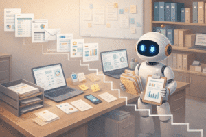 Warm, minimalist AI bot in a traditional office organizing information from documents, email, and business systems into a structured workflow