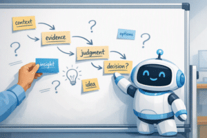 A friendly AI bot and a human collaborator work together at a whiteboard filled with notes, arrows, and ideas about context, evidence, judgment, and decisions.