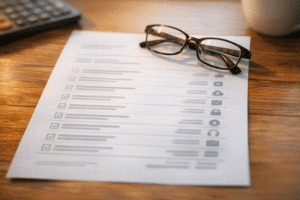 Reading glasses on an abstract invoice representing recurring business subscription charges and subscription sprawl.
